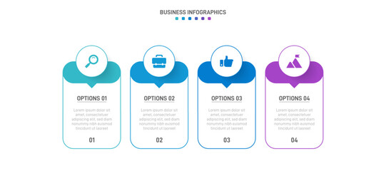 Timeline infographic with infochart. Modern presentation template with 4 spets for business process. Website template on white background for concept modern design. Horizontal layout.