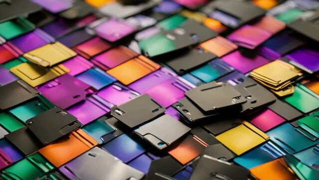 Reveal the history by capturing a captivating aerial view of a hand meticulously arranging vibrant floppy disks into an intricate design, representing the emergence of digital storage.
