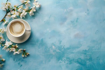 Obraz na płótnie Canvas Blossoming cherry flowers adorn a blue textured background on a morning coffee cup. Concept Springtime Refreshment, Floral Delights, Morning Bliss, Blossoming Beauties