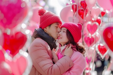 Obraz na płótnie Canvas 街でキスしている日本人カップル（恋人・バレンタイン・ ハート背景）