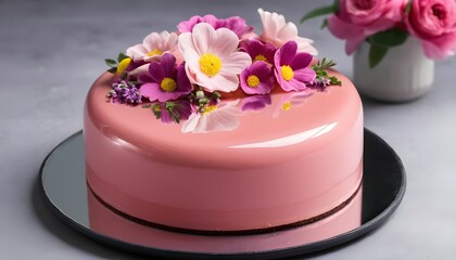 Fototapeta na wymiar Pink mousse cake with mirror glaze decorated with flowers