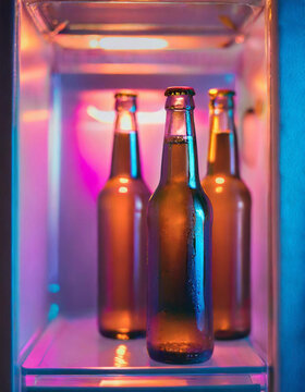 Detalhes de garrafas de cerveja, geladas, armazenadas dentro de um freezer.