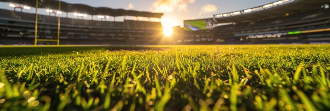 Football or soccer stadium with close up juicy grass baseball field or at golden hour
