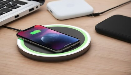 Smartphone wireless charging using wireless charging pad new technology at office - obrazy, fototapety, plakaty