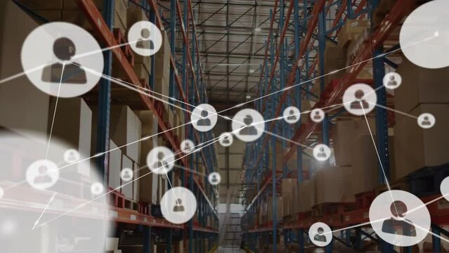 Animation of network of people icons over shelves at goods storage warehouse