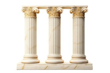 Three White Marble Pillars With Gold Detailing. This photo features three white marble pillars with intricate gold detailing, showcasing their elegant design and craftsmanship.
