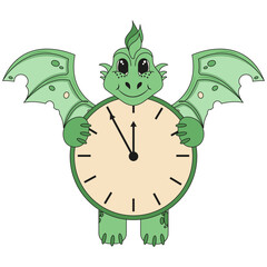 Cartoon children Clock with Dragon design. Symbol 2024 Chinese New Year isolated white background. Draco Clock. Vector illustration can used card cover design. EPS 10 Editable stroke