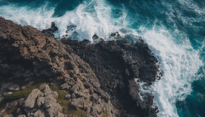 Drone view of Tenerife south coast with Atlantic ocean and strong swell beating against the walls of  