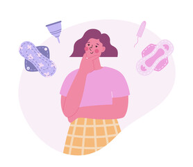 Woman choosing between reusable and disposable menstrual period accessories. Menstrual cup and textile pad vs disposable pad and tampon. © Darya