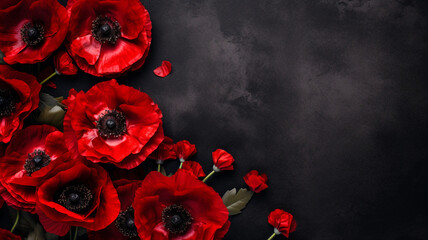 Red Poppies banner copy space on a Textured black dark Background in a Bold Flat Lay Composition remembrance Memorial Day. - obrazy, fototapety, plakaty