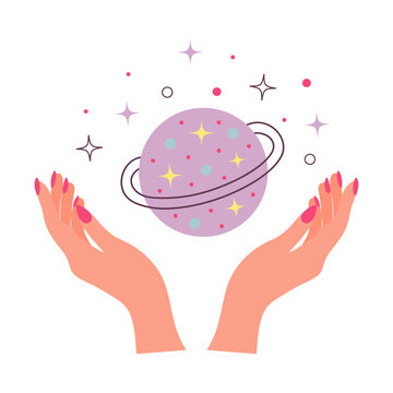 Female hands and  magic planet with stars. Magic ritual and ezoteric concept. Cartoon flat illustration.