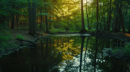 A forest pond reflecting the surrounding greenery