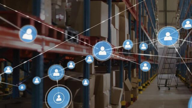 Animation of network of people icons over goods on shelves at storage warehouse