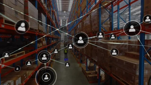 Animation of network of people icons over caucasian male worker on segway at warehouse