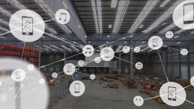 Animation of network of media icons over goods and shelves at storage warehouse