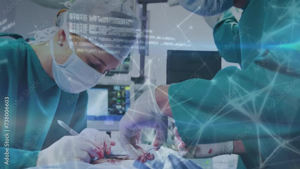 Poster animation of network and data processing over caucasian surgeons operating in theatre