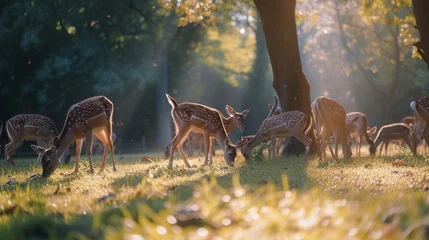 Zelfklevend Fotobehang A group of deer grazing in a sunlit glade © UMAR SALAM