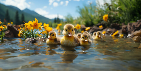 Adorable Ducklings Paddling Behind Mother Warm hearts with the adorable sight of a mother duck leading her ducklings in a line behind her, their tiny bodies paddling eagerly through the water