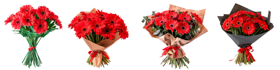 Four radiant bouquets of red gerbera daisies, each tied with decorative ribbons, presented against a transparent background, accentuating their striking color and detail.