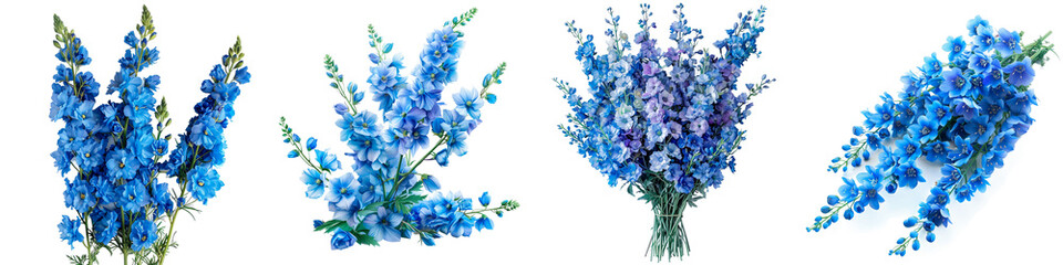 A collection of four blue delphinium bouquets, each showcasing tall spikes adorned with vibrant...