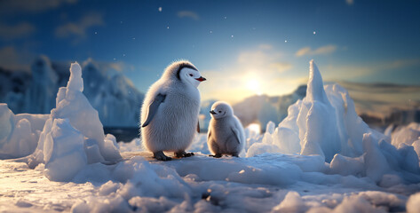 penguin in polar regions, Adorable Penguin Chick Begging for Food Tug at the heartstrings with an image of a fluffy penguin chick eagerly begging for food from its attentive parent, its plaintive crie - obrazy, fototapety, plakaty