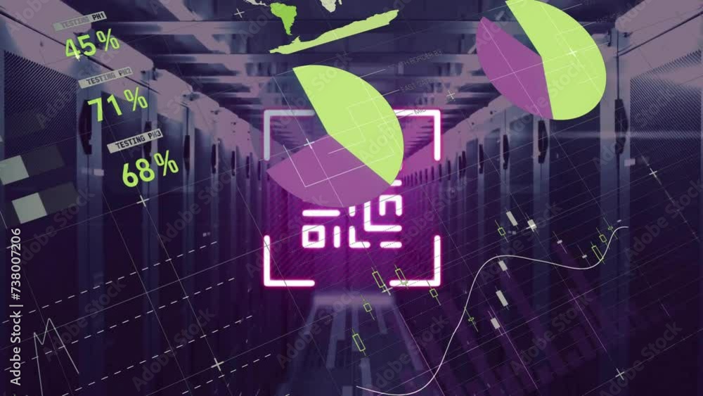 Aufkleber animation of pink neon qr code over charts and graphs processing data and server room