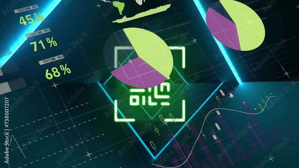 Poster animation of green neon qr code and blue neon lights with charts and graphs processing data