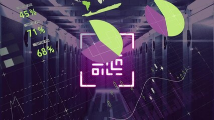 Animation of pink neon qr code over charts and graphs processing data and server room - Powered by Adobe