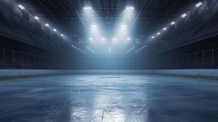 Snow and ice background. Empty ice rink illuminated by spotlights