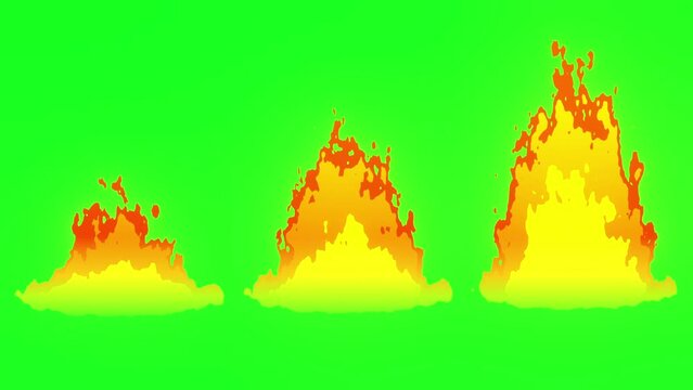green screen stylize flame, fire, firecamp 3 different size seamless loop