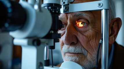 An optometrist adjusts the lenses on a large machine while a senior man looks through the eyepiece his eyesight being evaluated for any changes or concerns.