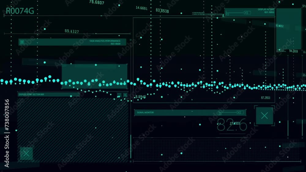 Poster animation of blue data stream and processing data over dark interface screens