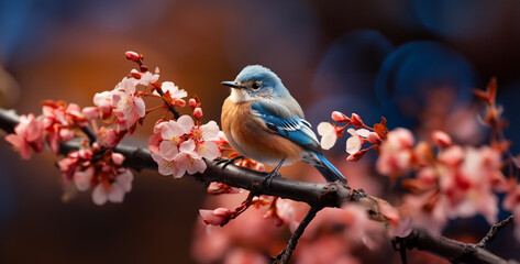 Beautiful Bluebird Singing Highlight the melodious song of a bluebird as it perches on a blossoming branch, its vibrant blue plumage and cheerful demeanor brightening up even the dreariest of days sup
