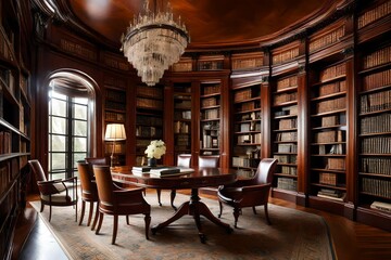 Fototapeta na wymiar an elegant, classical library with rich mahogany shelves, leather-bound books, and the aura of sophistication.
