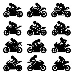 minimal moto gp rider pose vector icon in flat style black color silhouette, white background