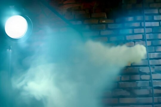 Spotlights and smoke and brick wall background, cinema and entertainment concept.