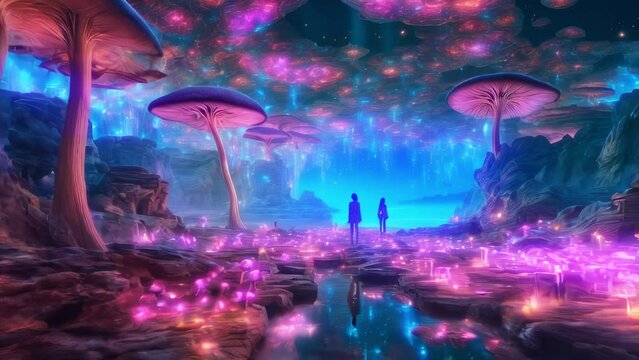 Mushroom fantasy landscape human silhouettes zoom in