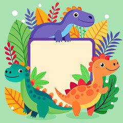 Three dinosaurs around an empty frame for a photo or notes. Cartoon vector children's illustration