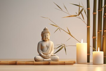 a statue of a buddha sitting on bamboo
