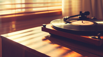 Obraz premium Close-up of turntable retro vinyl record player on wooden table against sunny sunset backdrop. Generative AI