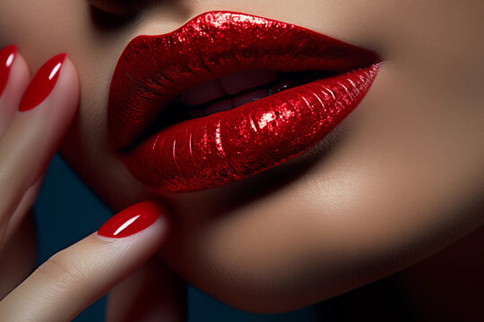 Close up of female lips with red lipstick and nails with red manicure