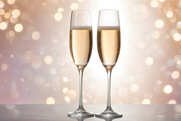 Two champagne glasses, translucent crystal reflecting a gentle bokeh effect from a minimalist background with soft pastel hues. Generative AI