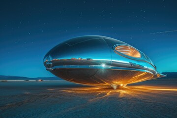 Obraz premium Chrome alien spaceship in the desert at night, fantasy and fiction concept.