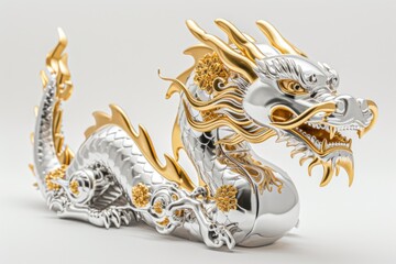 Dragon head emblem made of silver with gold ornaments, white background.