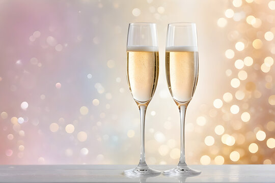 Two champagne glasses, translucent crystal reflecting a gentle bokeh effect from a minimalist background with soft pastel hues. Generative AI