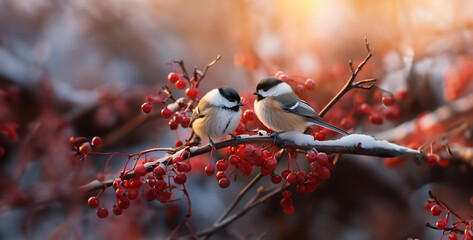 red berries in the snow, Charming Chickadee Pair in Winter Create a heartwarming scene with a pair of chickadees flitting about in a snowy winter wonderland, their cheerful calls echoing through the f