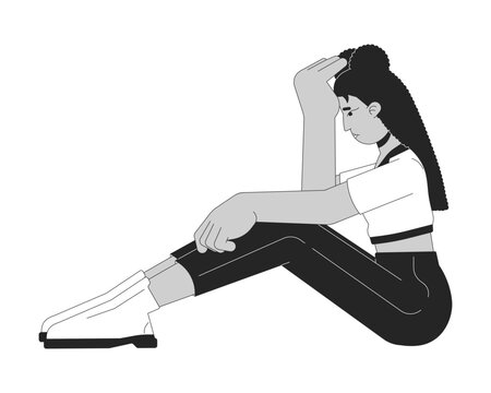 recommend clip art: Depressed woman sitting black and white cartoon flat illustration. Hispanic female dejected 2D lineart character isolated. Emotional expressing, body language monochrome scene vector outline image