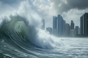 Giant wave, city in the background.