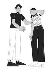 Comforting crying woman black and white cartoon flat illustration. Help depression friends 2D lineart characters isolated. Emotional expressing, body language monochrome scene vector outline image