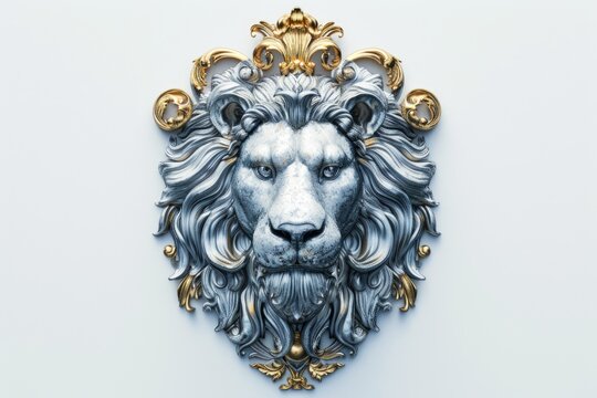 Lion head emblem made of silver with gold ornaments, logo, white background.